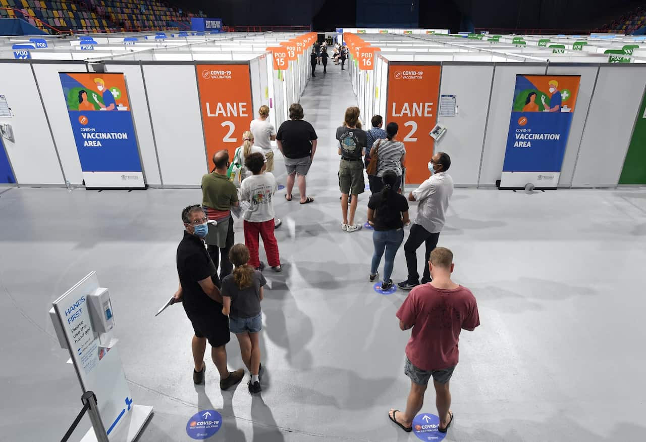 People at the Boondall mass vaccination hub in Brisbane on 18 September 2021.