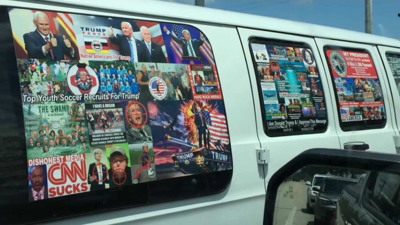 The suspects van was covered with pro-Trump stickers and targets over the images of Hillary Clinton and Barack Obama.