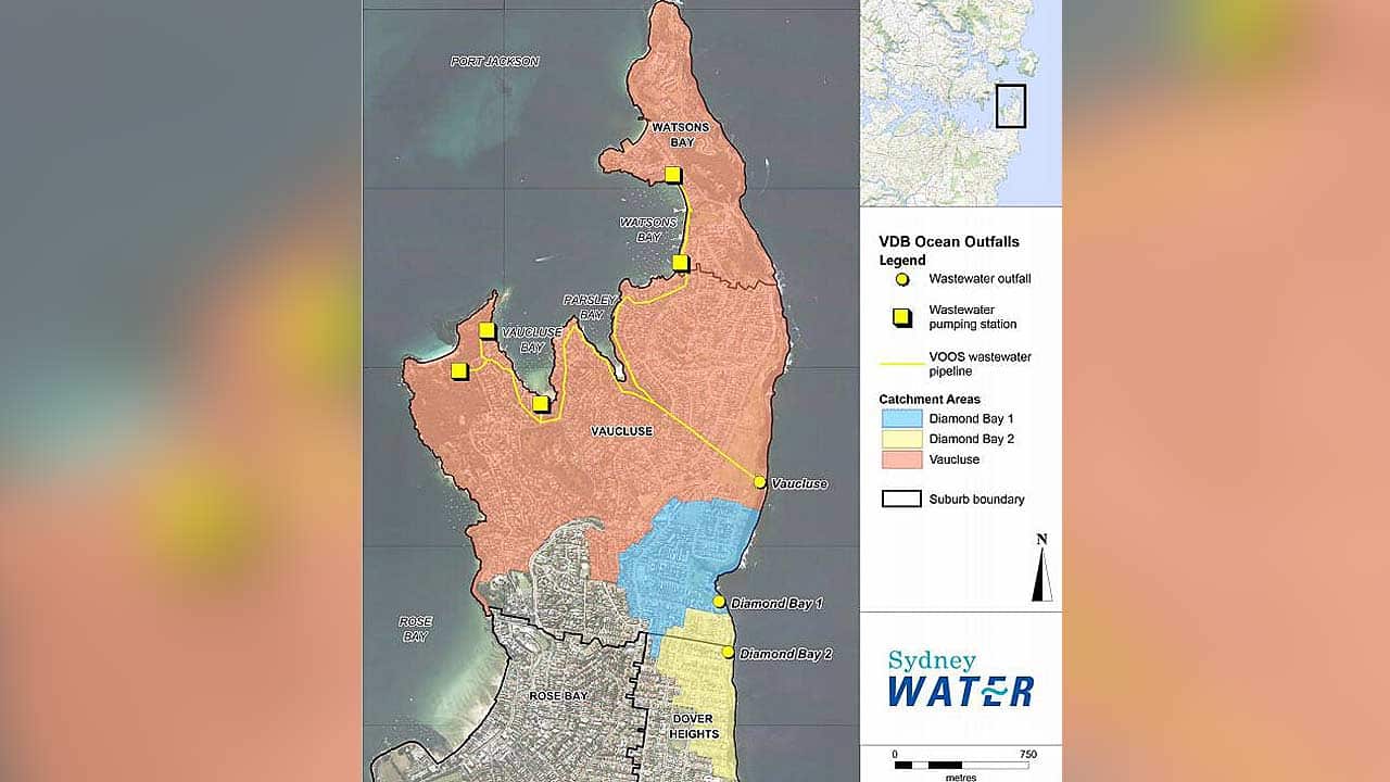 Overview map of the Vaucluse Wastewater System sub-catchments and ocean outfall locations.