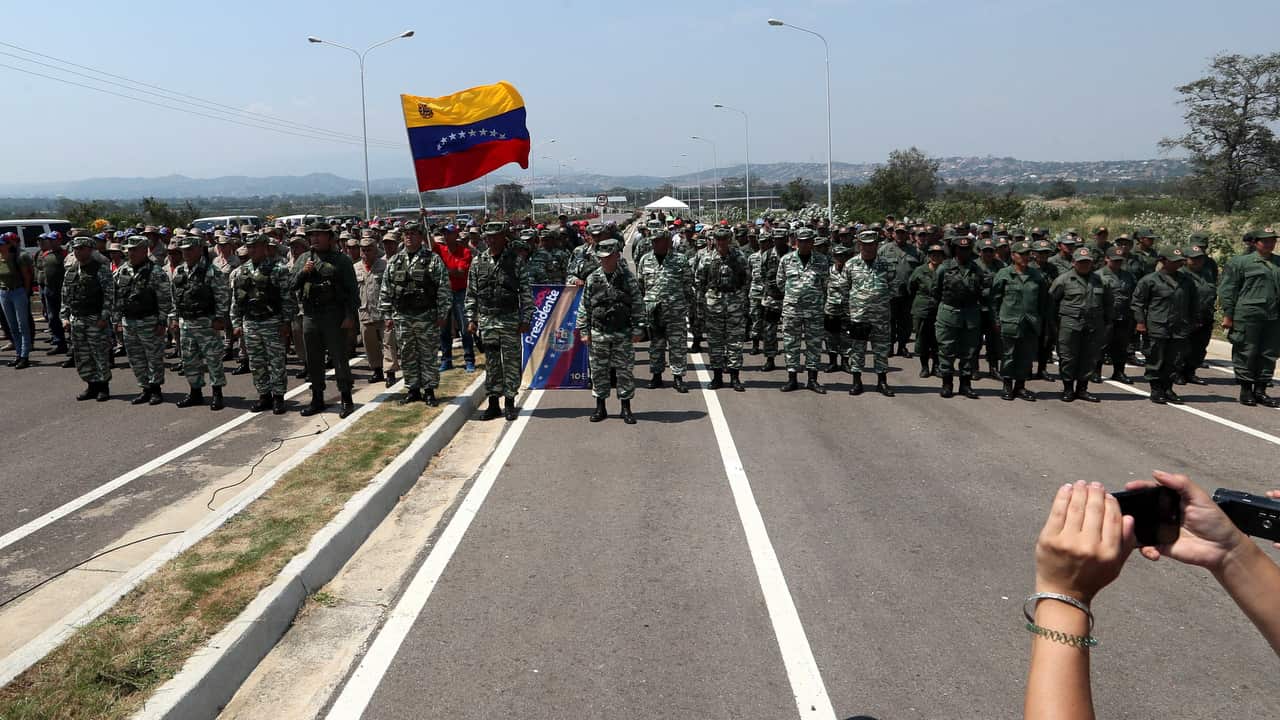 Members of pro-Maduro militias and the Bolivarian National Guard block Las Tienditas international bridge that connects Venezuela with Colombia.