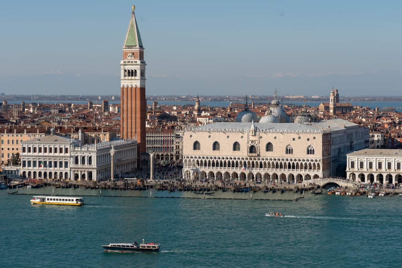 Views of St Mark's Campanile and the Doge's Palace taken from the bell tower of the Church of the Santissimo Redentore 