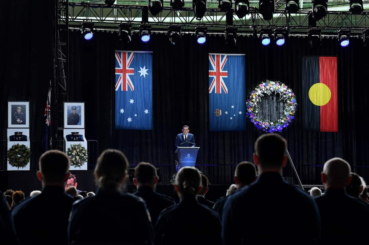 Victorian Premier Daniel Andrews opened the service, acknowledging the slain officers as "amazing Victorians" who put their lives on the line to protect others.