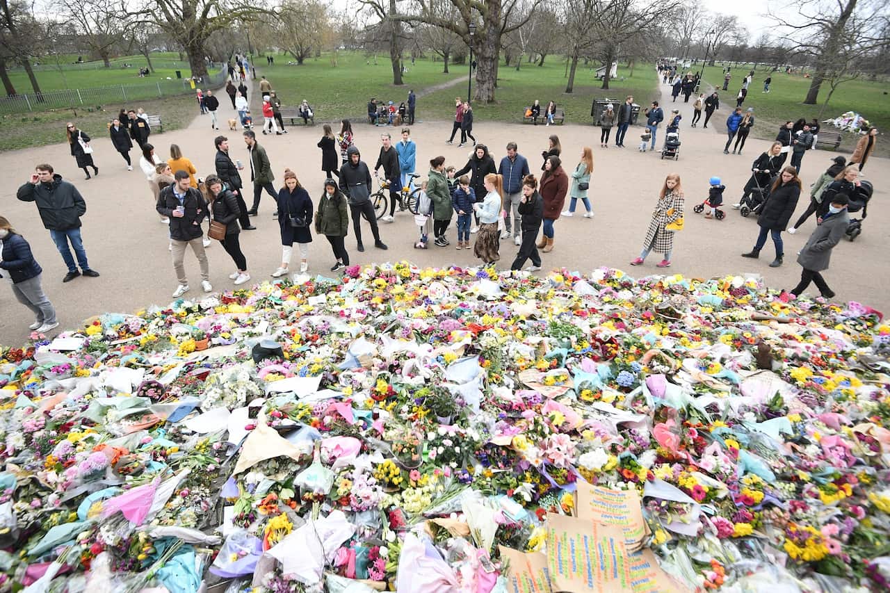 Floral tributes left at the bandstand in Clapham Common, London, for Sarah Everard on 21 March 2021. 