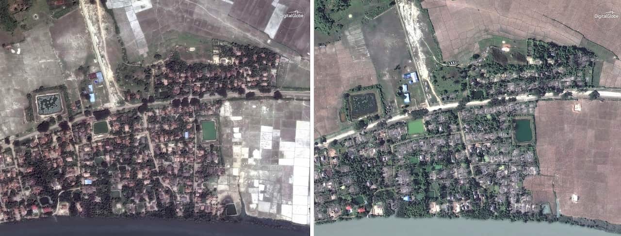 Satellite images show the village of Gu Dar Pyin, Myanmar before, May 26, 2017, left, and after the destruction Dec 20, 2017.