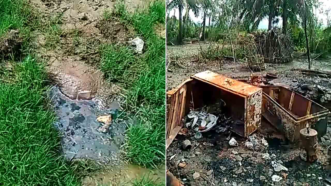 Left: a pool of acid which is believed to contain body parts, and right, the destruction of the villge of Gu Dar Pyin.