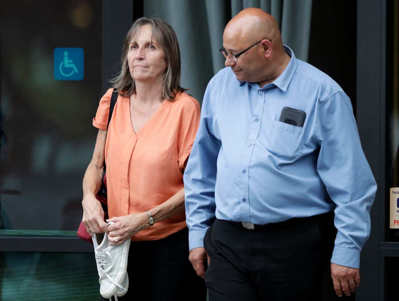 Mother of volcano victim Hayden Marshall-Inman, Avey Woods, with partner Charles Woods following a meeting with police in Whakatane.