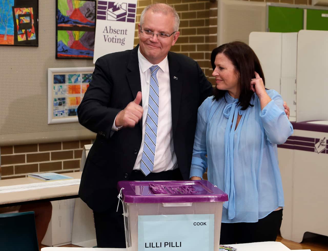 Australian Prime Minister Scott Morrison, and his wife, Jenny, after casting his ballot.