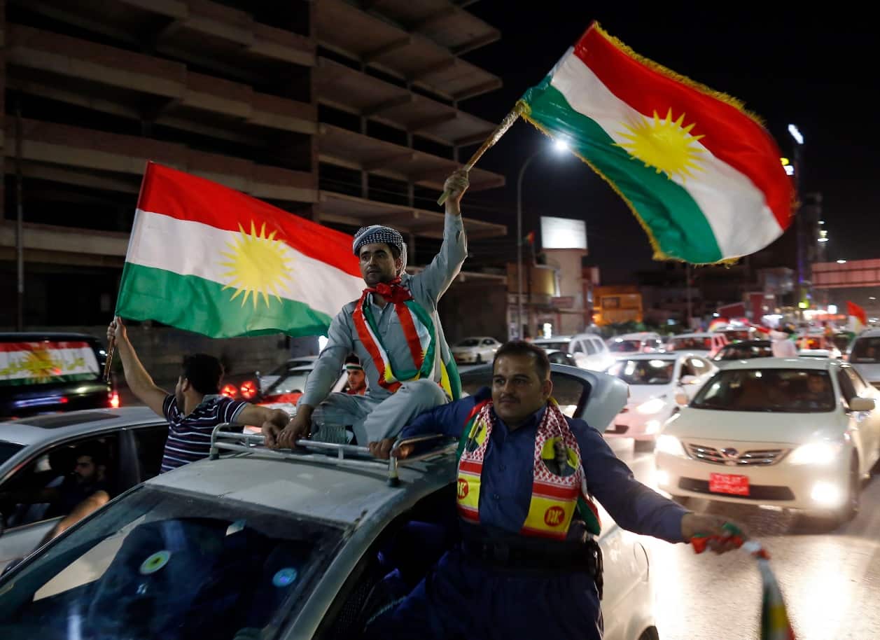 Kurds celebrate after the announcement of the results of the independence referendum in Erbil, Kurdistan region (AAP)