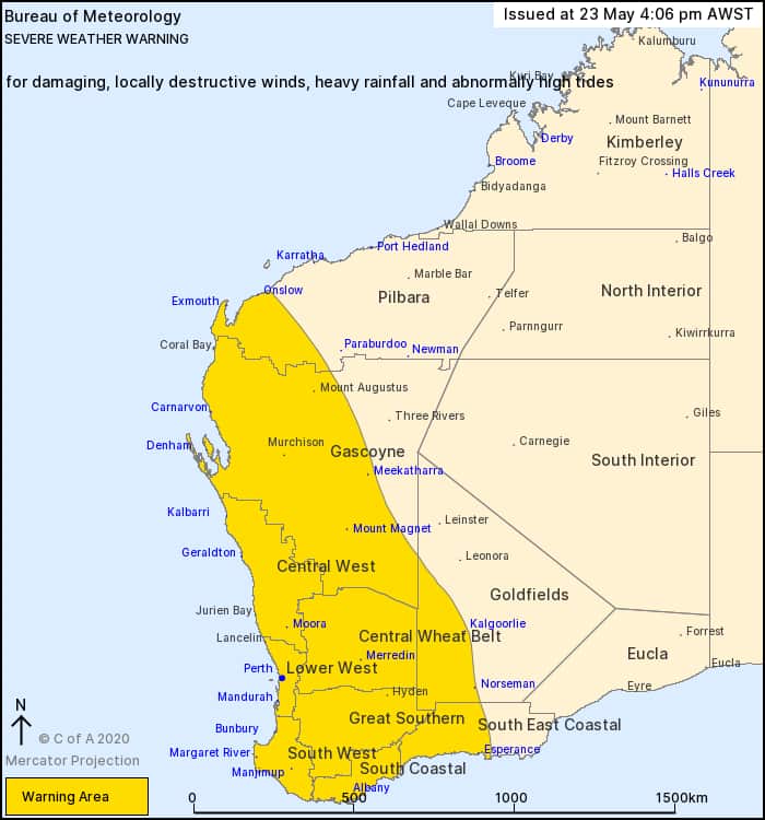 Destructive winds and heavy rain is forecast to affect the length of the west coast of Western Australia.