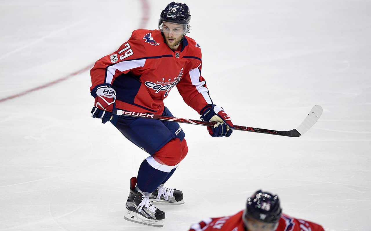 Washington Capitals left wing Nathan Walker (79), of Australia, skates during the third period of a NHL hockey game against the Montreal Canadiens.