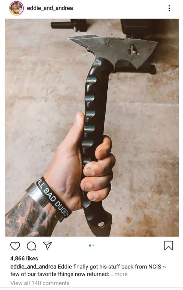 A screenshot from an Instagram account belonging to Officer Gallagher and his wife shows a custom-made hatchet.