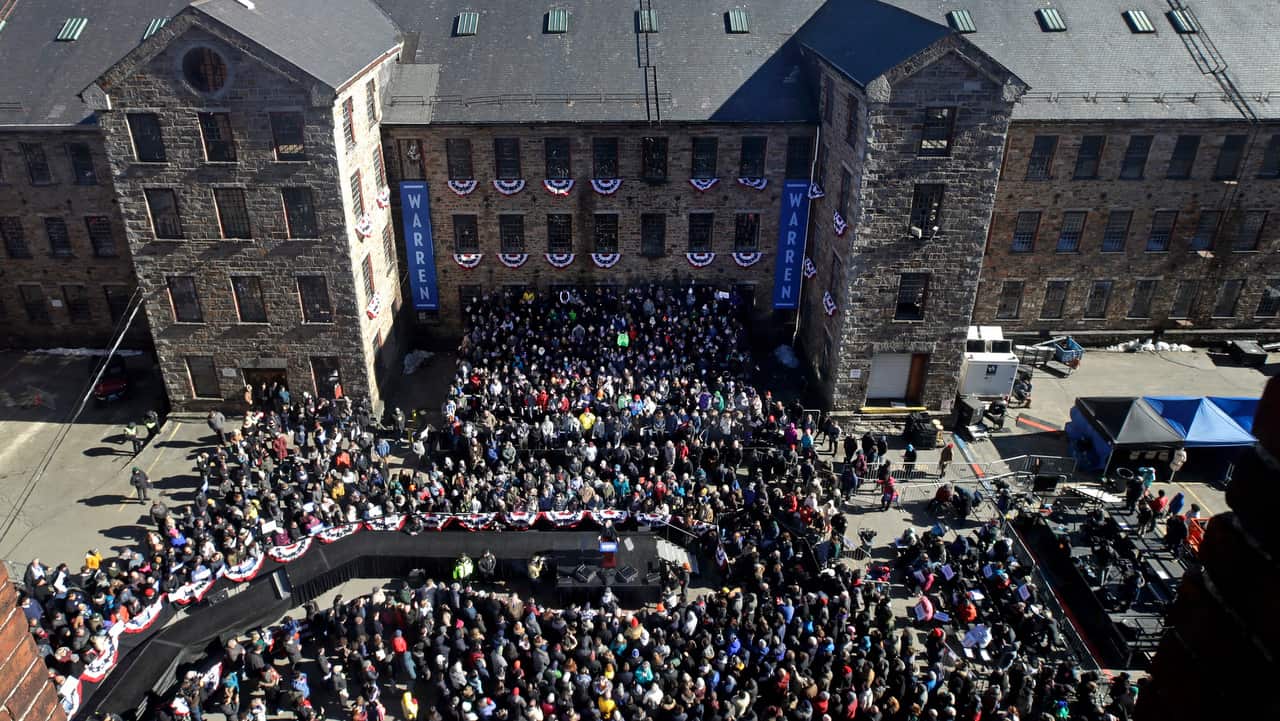 Elizabeth Warren speaks outside Everett Mills during an event to formally launch her presidential campaign.