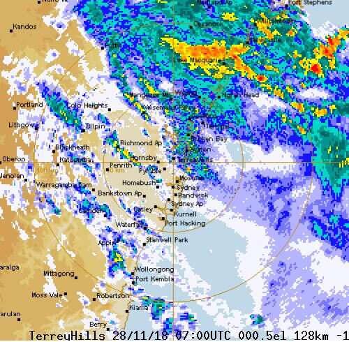 The BoM's weather radar as wild weather moves over Sydney.