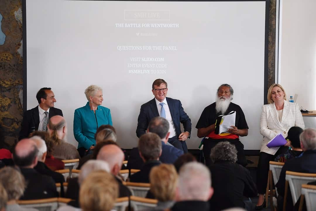 Candidates for Wentworth by-election at a community forum: Dave Sharma, Dr. Kerry's Phelps, Tim Murray, Dominic Wy Kanak and Licia Heath.