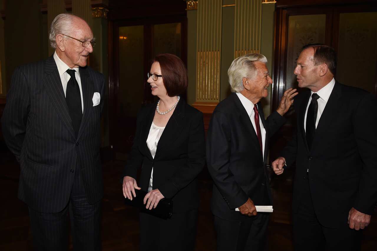 Former Prime Ministers Malcolm Fraser, Julia Gillard, Bob Hawke and current Prime Minister Tony Abbott.