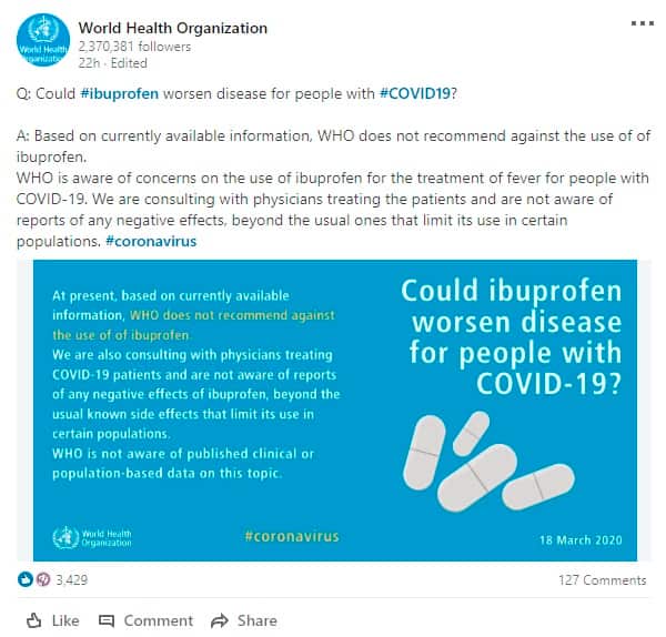The World Health Organisation posted an update on its LinkedIn page. 