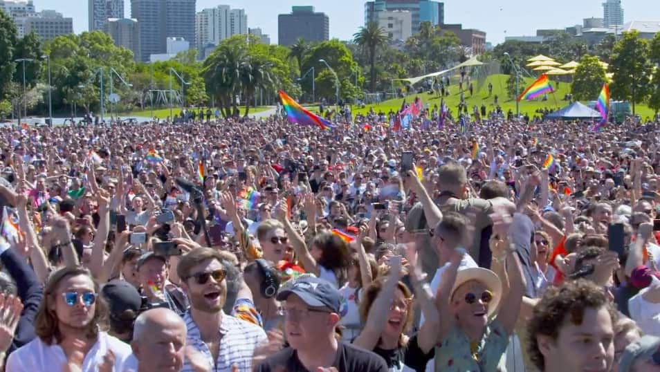 Thousands of same-sex marriage supporters gather in Melbourne to celebrate the yes result.