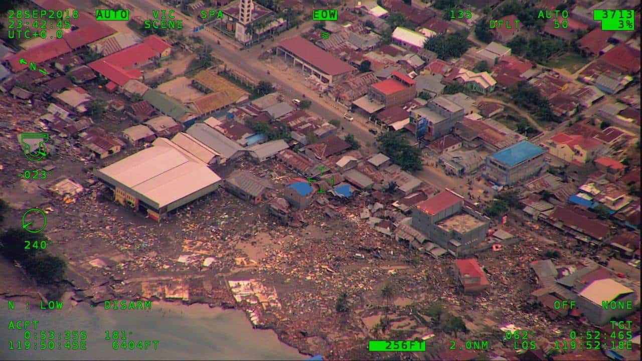 An aerial image of the coastal area of Palu city, central Sulawesi, Indonesia.