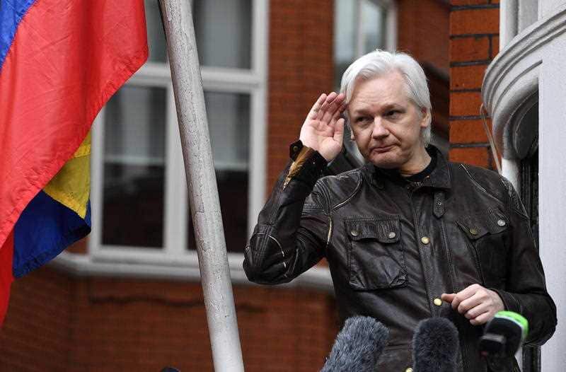 The Wikileaks founder outside the Ecuadorian Embassy in London, Britain.