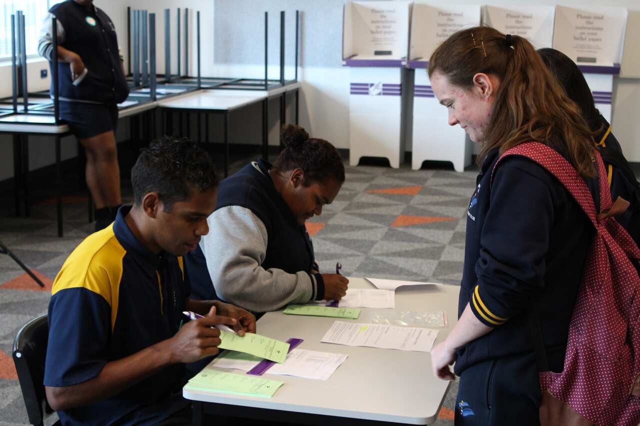 Students from the Wiltja program take part in a mock election.