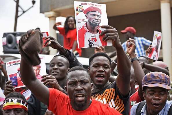 Supporters of Ugandan singer-turned-politician Robert Kyagulanyi call for his release last week.
