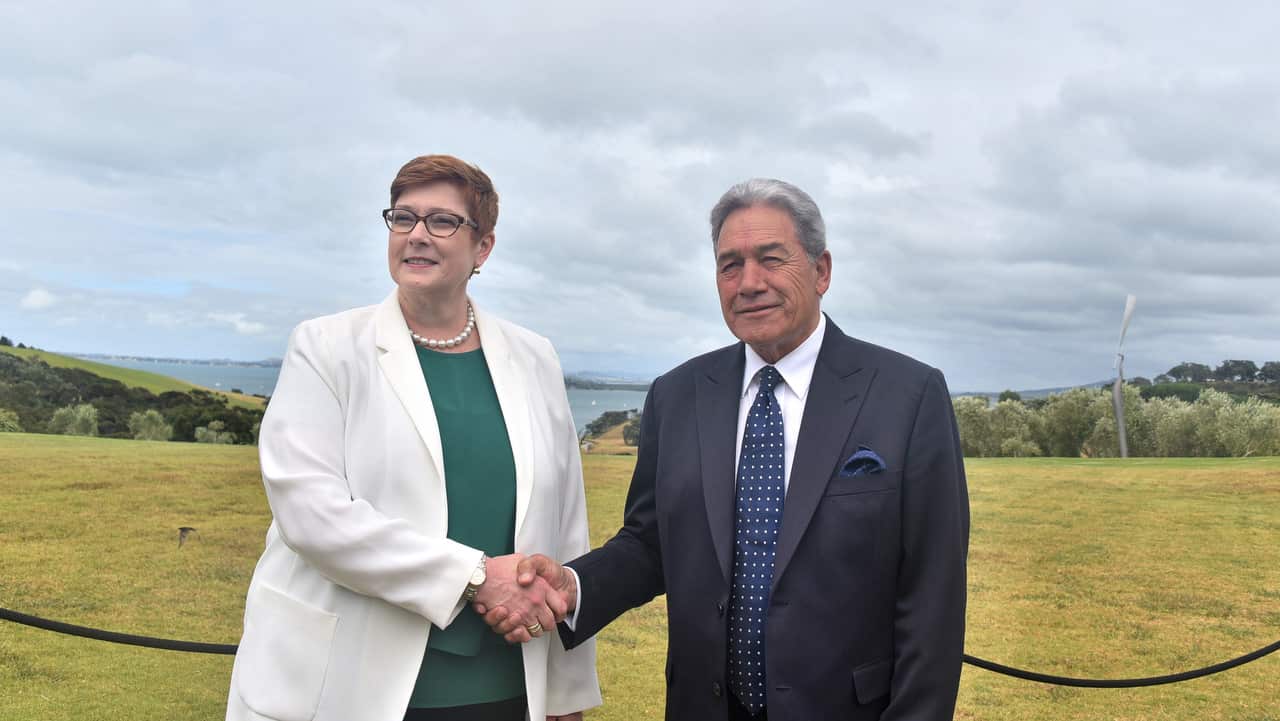 Australian Foreign Minister Marise Payne and her New Zealand counterpart, Winston Peters, on Waiheke Island, Auckland, New Zealand.