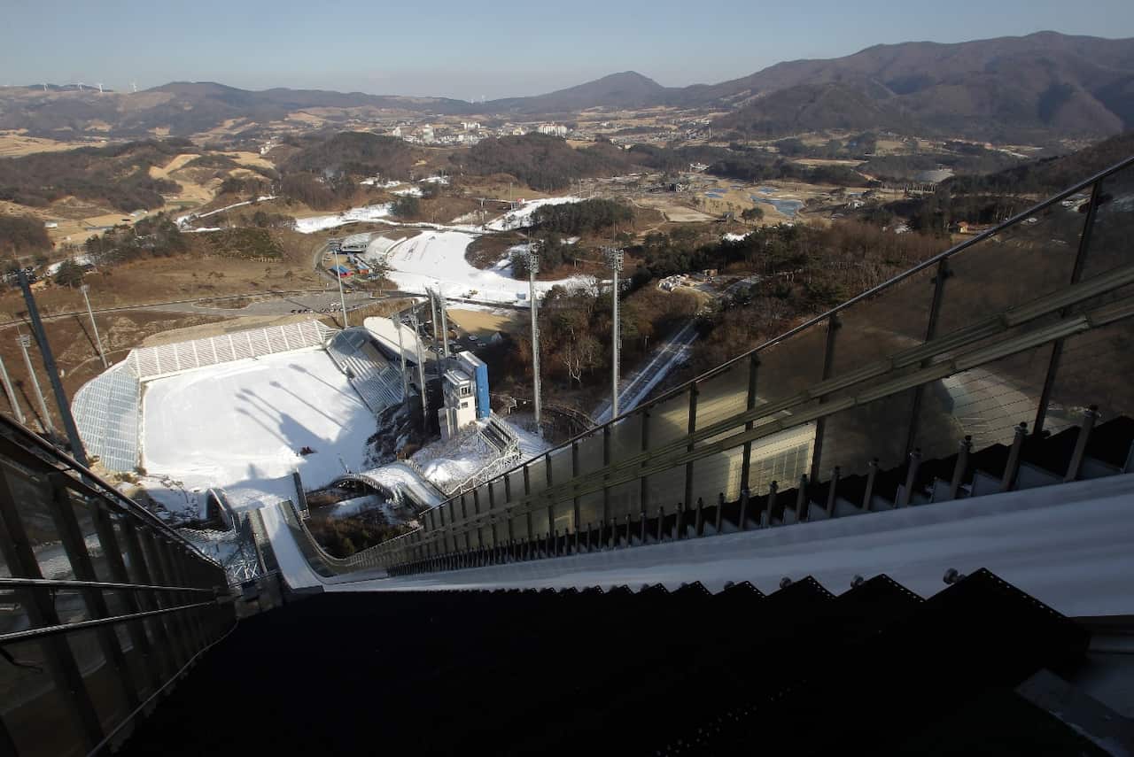 A view of the construction site of the Alpensia Ski Junping Centre of the Pyeongchang 2018 