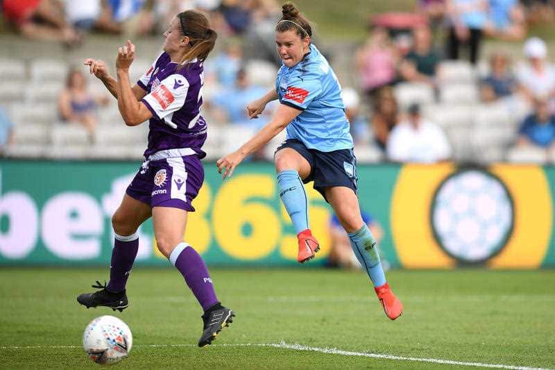 Savannah McCaskill of Sydney scores a goal during the W-League grand final between Sydney FC and Perth Glory.