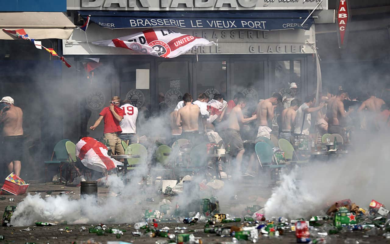 Fans clash after the UEFA EURO 2016 Group B match between England and Russia on June 11, 2016 in France.