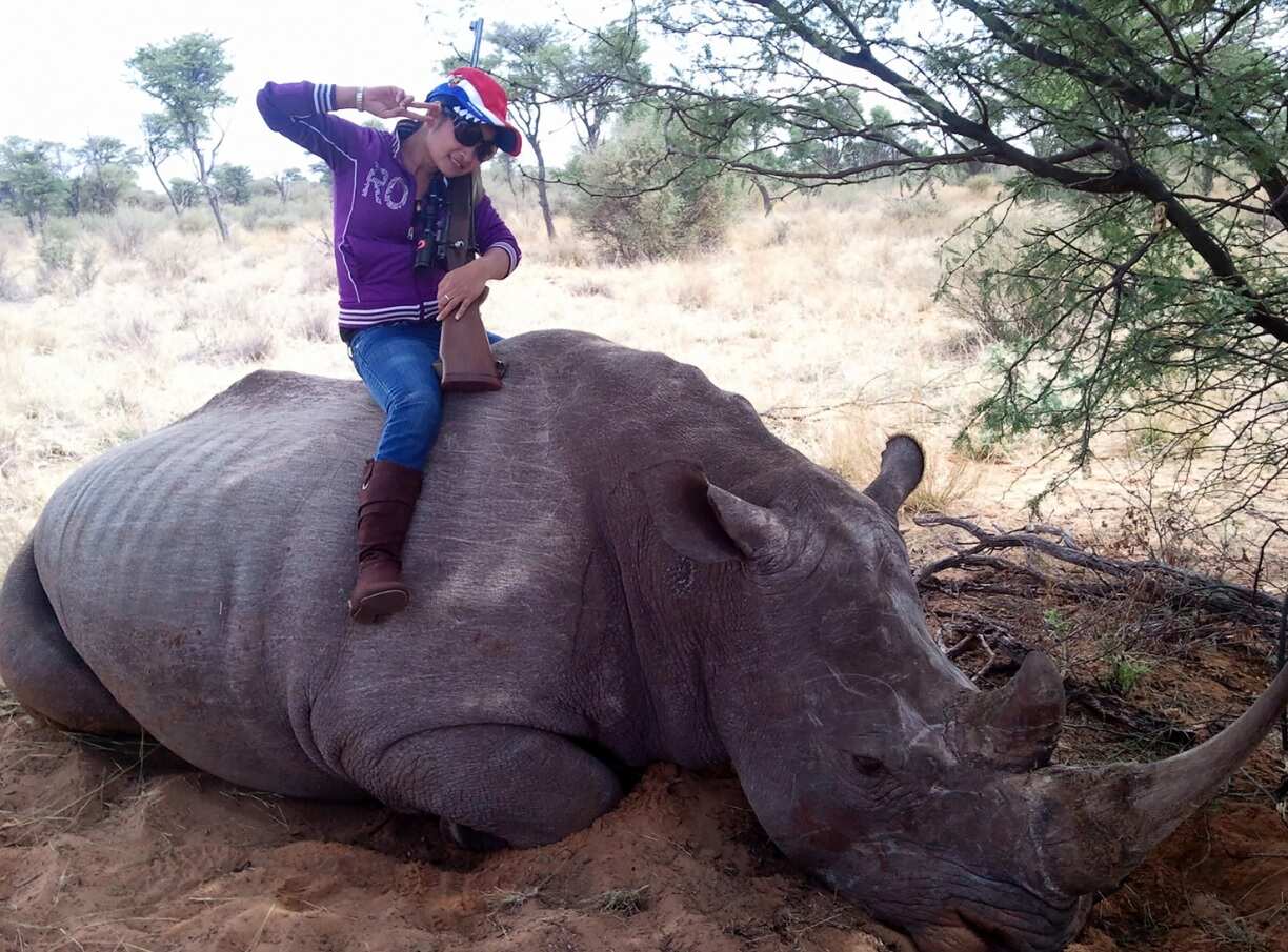 Photo provided by Julian Rademeyer, a Thai woman, who was hired to hunt rhino in South Africa, poses with her trophy in Nov. 2010