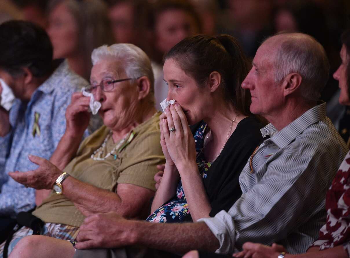 Victims' of the Australian bushfires families are seen during a Bushfire State Memorial at Qudos Bank Arena in Sydney, Sunday, February 23, 2020.