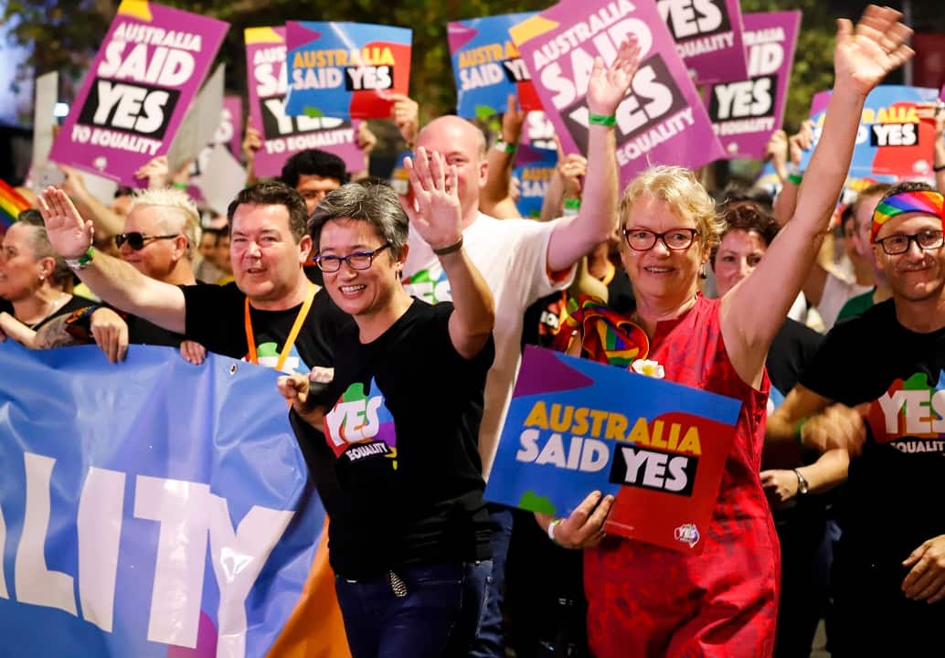 Shadow Minister for Foreign Affairs Penny Wong (centre left) at Mardi Gras.