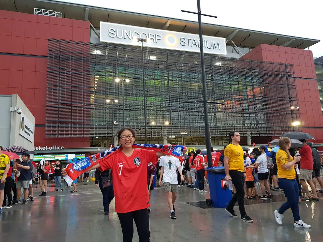 Julie Lee in Brisbane supporting South Korea against the Socceroos