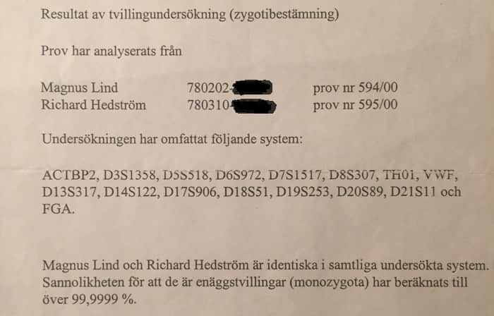 DNA results confirmed that there was a 99.9999 per cent chance of them being identical twins.