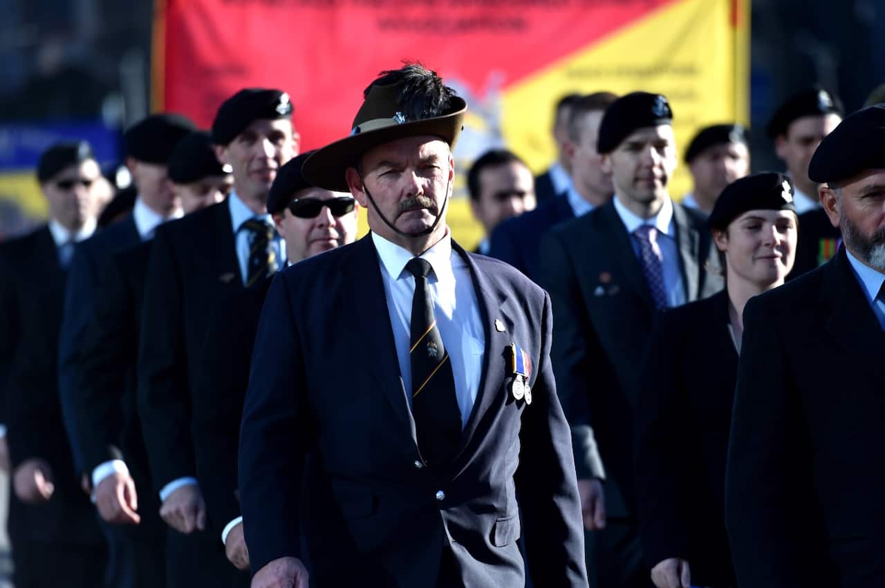 Veterans march to the Shrine of Rememberance for the Anzac Day march in Melbourne, Monday, April 25 (AAP)
