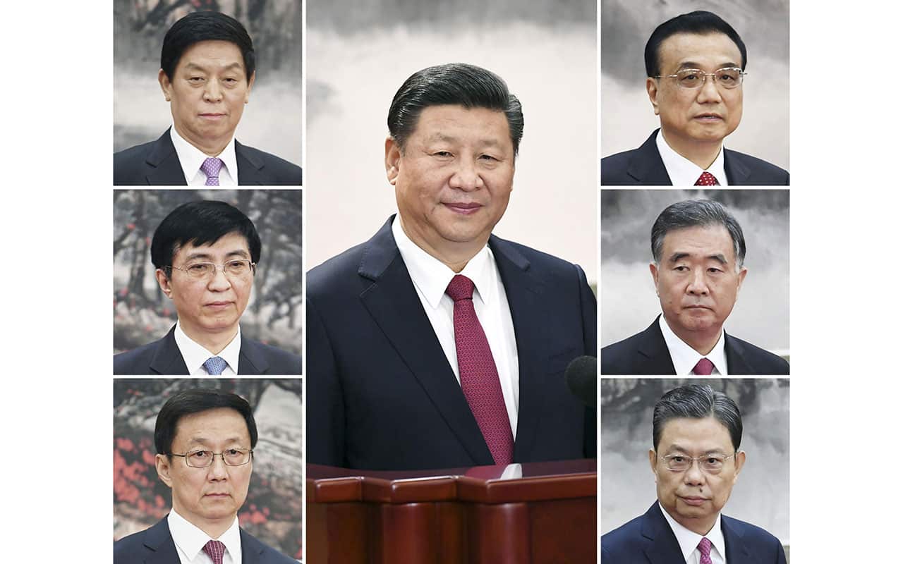 President Xi Jinping (C) and leadership team, (clockwise top R) Premier Li Keqiang, Vice Premier Wang Yang, Zhao Leji, Han Zheng, Wang Huning, and Li Zhanshu.