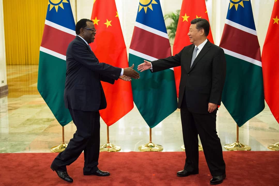 Namibia's President Hage Geingob shakes hands with China's President Xi Jinping before their bilateral meeting.