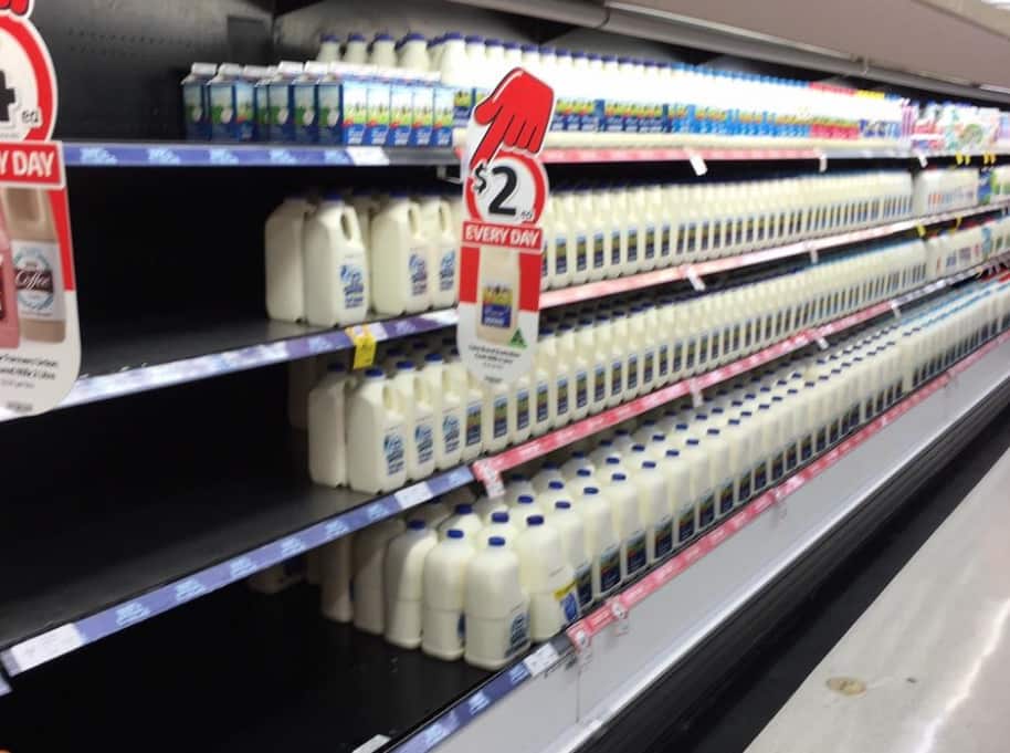 Image from Facebook user Jo Bonnett‎ with comment: Coles Birallee Wodonga this morning. I want to see the Coles milk shelf space reduced. 