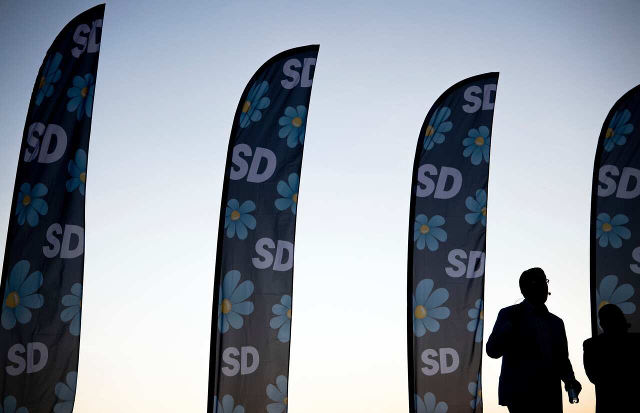 The party leader of the far-right Sweden Democrats, Jimmie Akesson, gives a speech during a campaign meeting in Stockholm on Sept. 8, 2018.