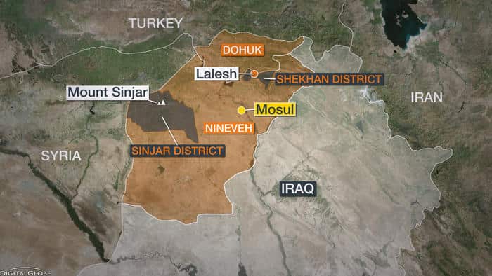 A map of traditional Yazidi settlements in northern Iraq. 