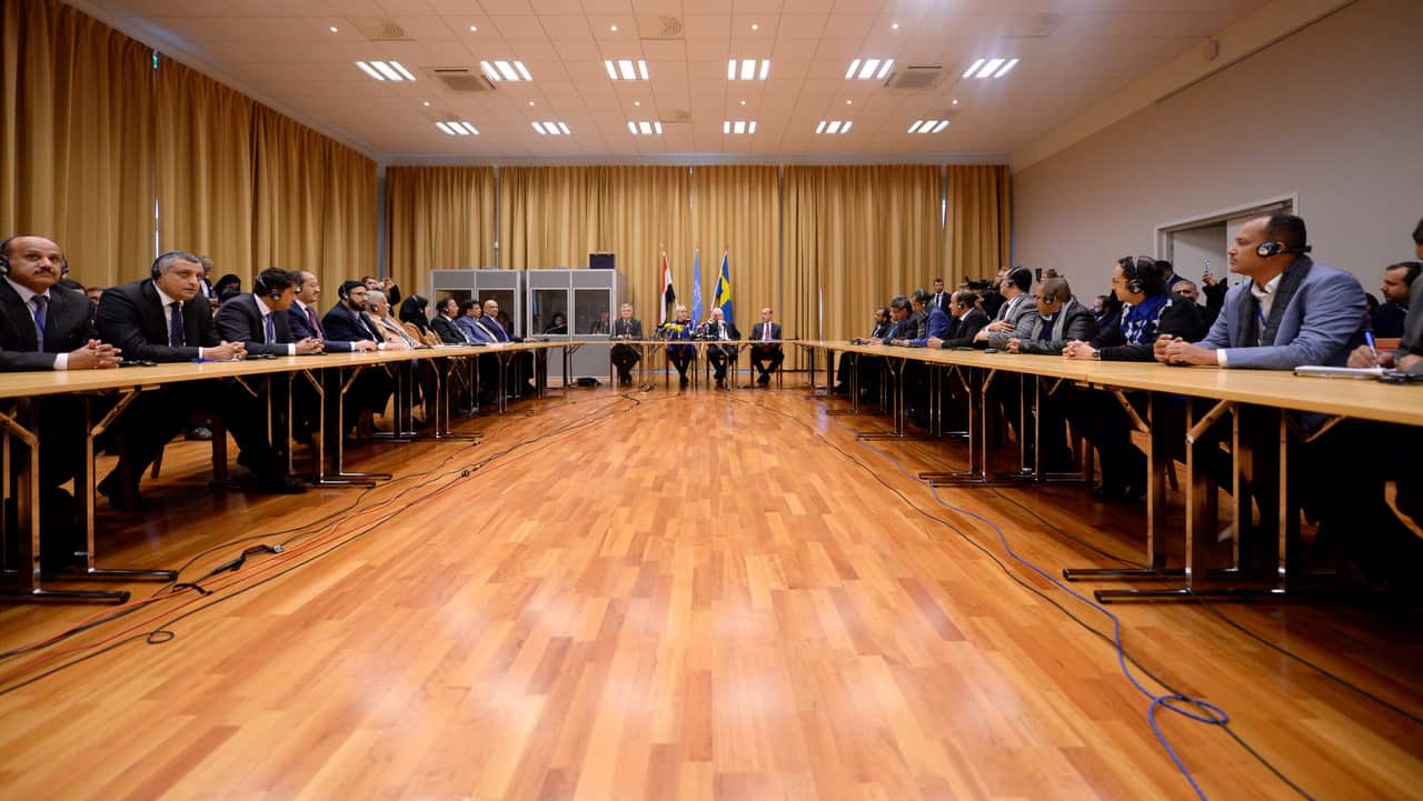 Swedish Foreign Minister Margot Wallstrom and UN envoy to Yemen Martin Griffiths attend a meeting with delegates from both warring sides in the Yemen conflict.