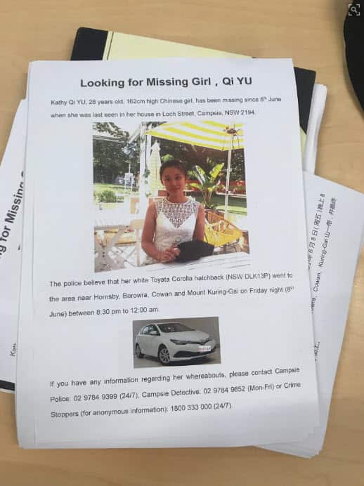 A flyer handed out by Qi Yu's parents in Sydney on Tuesday. 
