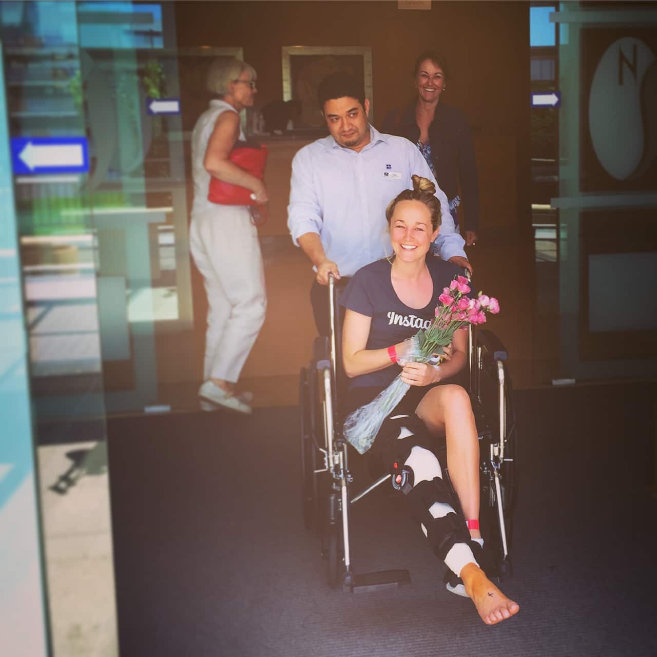Danielle Bowern leaving hospital after her knee surgery.