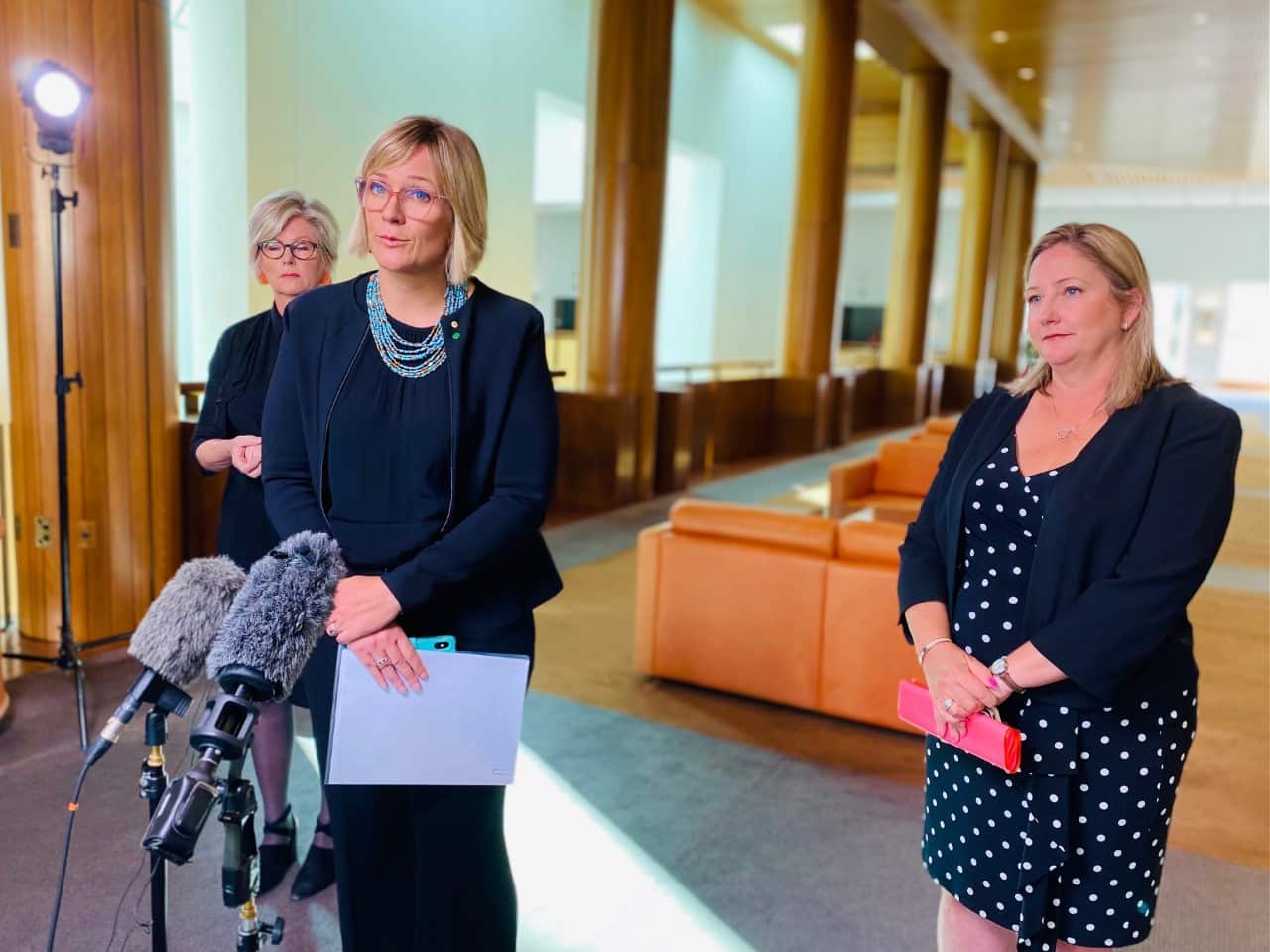 Independent MPs Zali Steggall, Helen Haines, and Centre Alliance MP Rebekha Sharkie during a press conference.