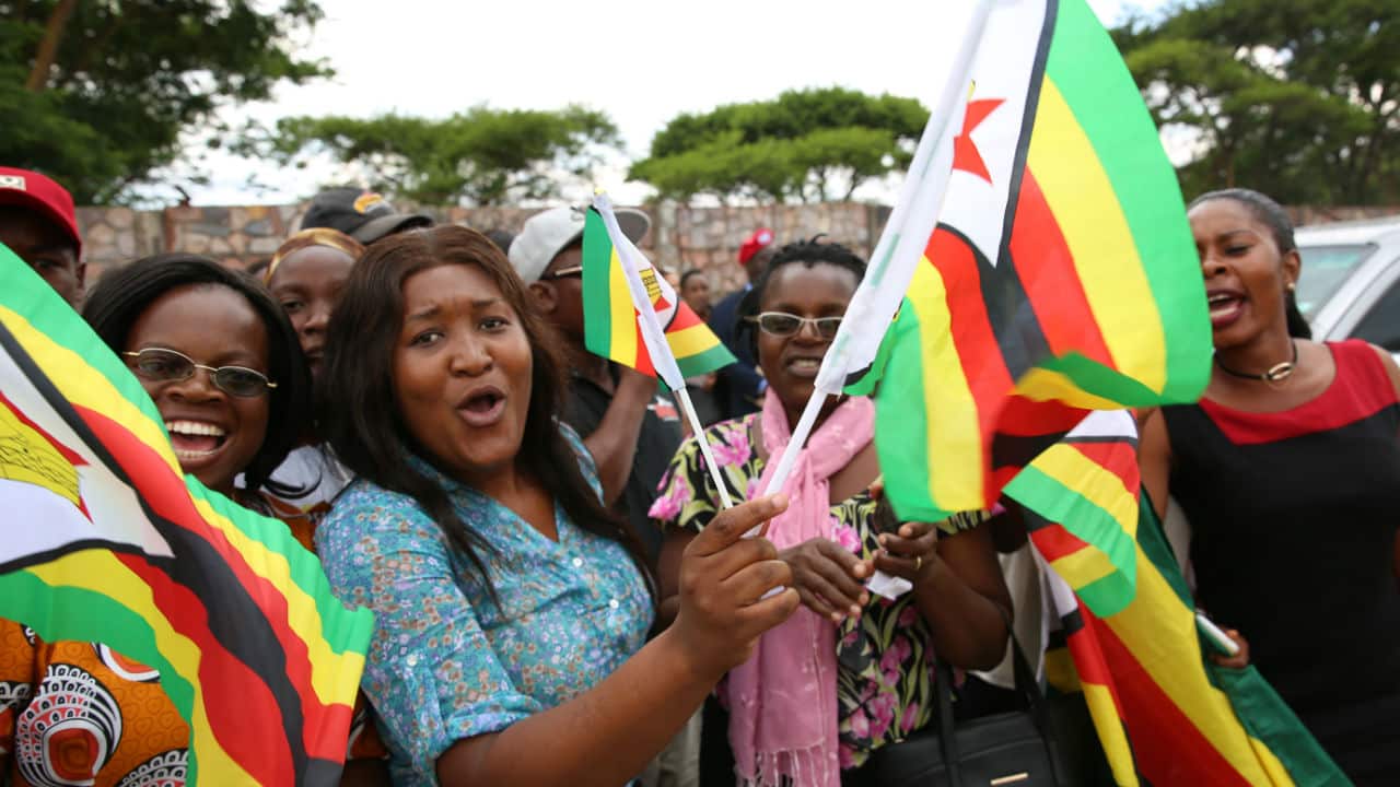 Crowds in Zimbabwe celebrate.