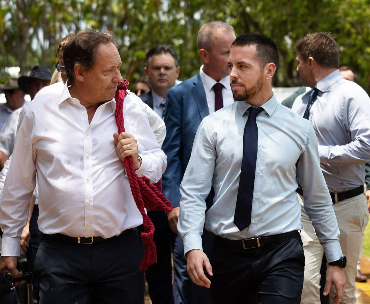 Zachary Rolfe (R) and his defence barrister David Edwardson leave the Supreme Court of the Northern Territory Thursday. 