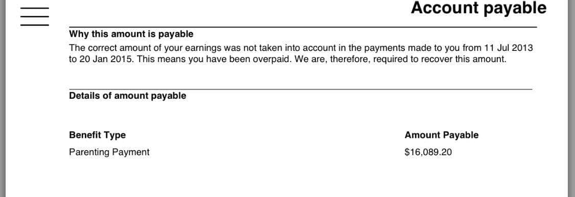 Centrelink debt claim under the new automated system.