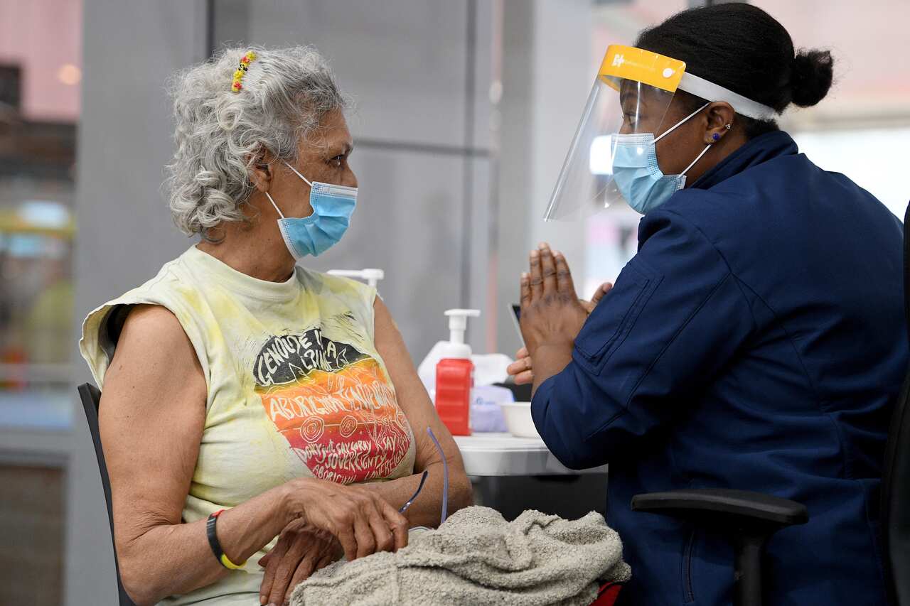 Australian Wiradjuri elder and Indigenous rights activist Aunty Jenny Munro at a pop-up vaccination clinic in Redfern, Sydney.