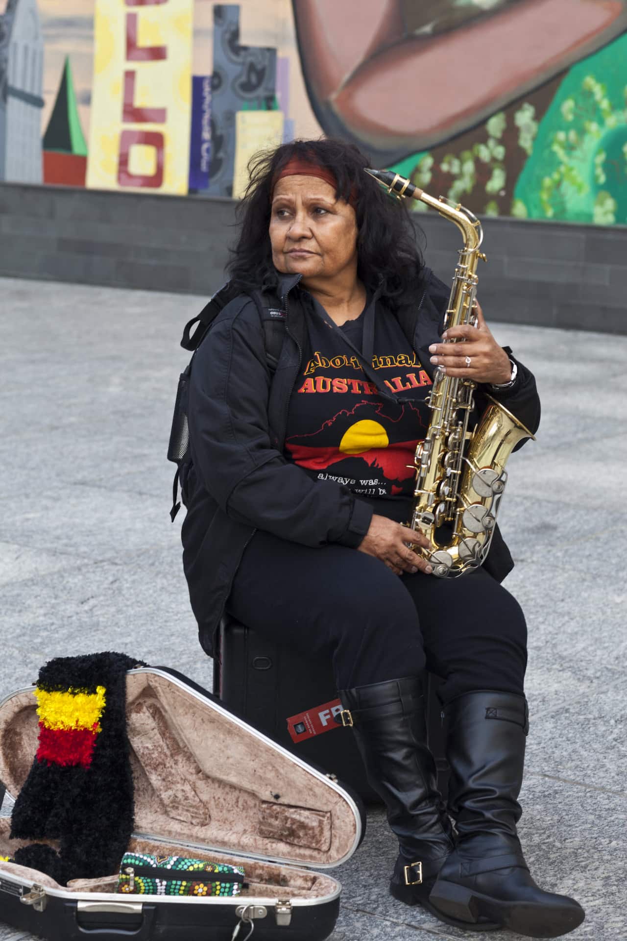 Black Panther woman, Marlene Cummins busks in NYC