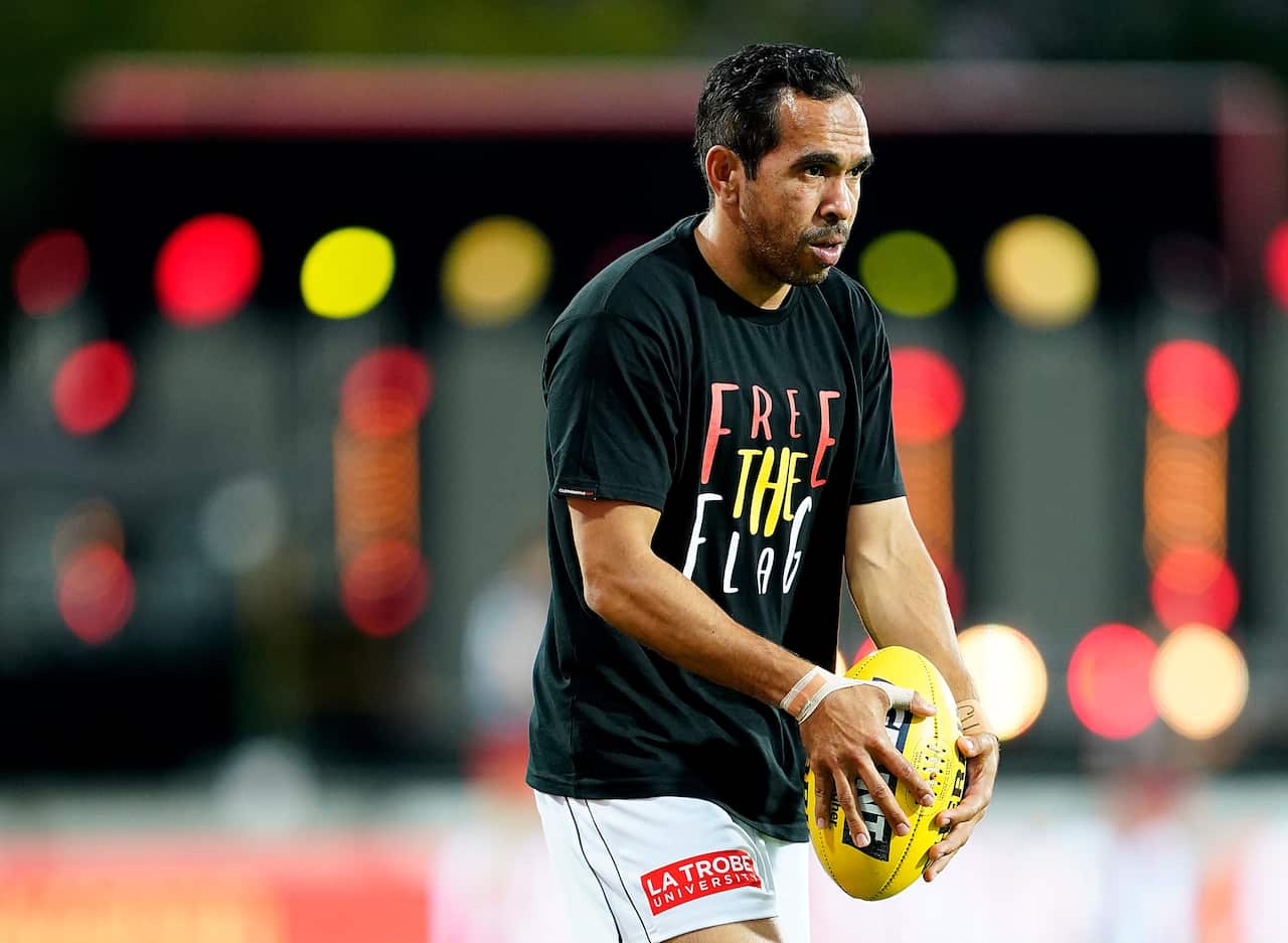 Eddie Betts of the Blues is seen wearing a Free The Flag tee shirt prior to the Round 13 AFL match in Darwin.